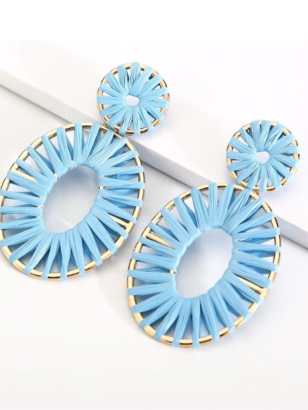 Anthropologie Powder Blue Woven Hoop Drop Earrings with Gold Accents